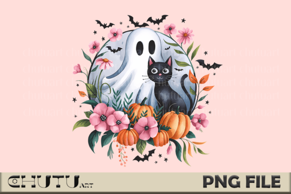 Download Pastel Ghost Cat PNG - Halloween Floral - Png Collection