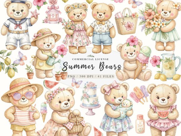Download Watercolor Summer Teddy Bear Clipart PNG - Png Collection