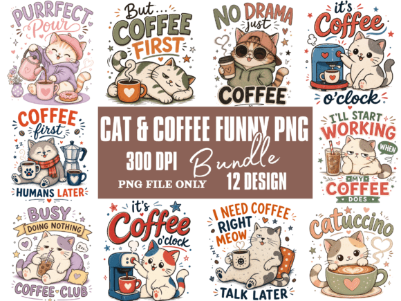 Download Cat &amp; Coffee Funny Hand-drawn PNG Bundle - Png Collection