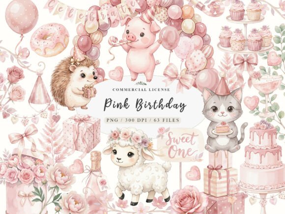 Download Watercolor Pink Birthday Clipart Bundle - Pink Collection