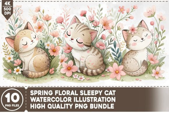 Download Spring Floral Sleepy Cat PNG Bundle - Png Collection