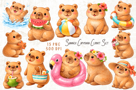Download Summer Capybara Clipart Set PNG - Png Collection