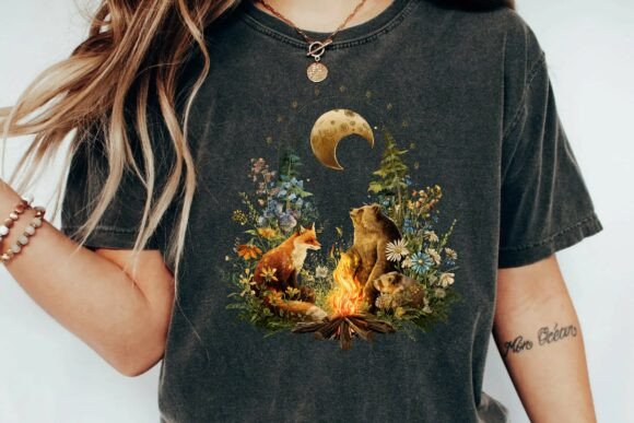 Download Whimsical Woodland Friends Around Campfire Under Crescent Moon Illustration Png - Png Collection