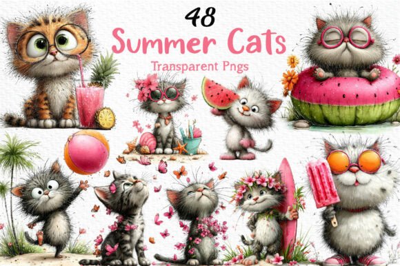 Download Whimsical Summer Cats Clipart PNG - Png Collection