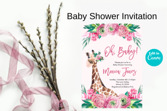 Download Pink Giraffe Floral Baby Shower, Canva - Pink Collection
