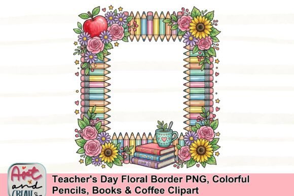 Download Teacher's Day Floral Border PNG, Colorful Pencils, Books &amp; Coffee Clipart - Png Collection